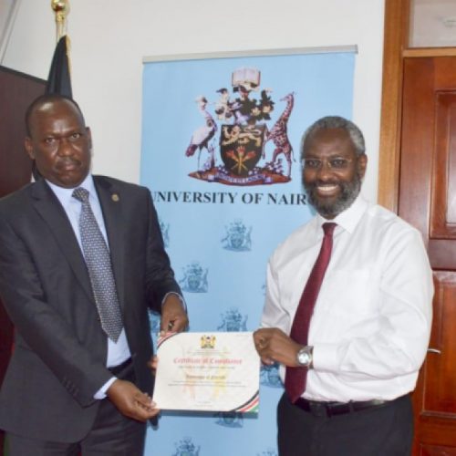 The Vice Chancellor, UoN today received a certificate of compliance from the Sec. National Cohesion and Values, Mr. Josiah Musili, MBS. This was in recognition of the University's exemplary performance in compliance with the 2020-21 PC guidelines on national cohesion and values.